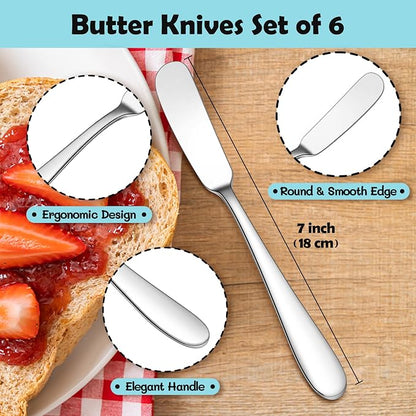 E-far Butter Spreader Knife Set of 6, 7-Inch Stainless Steel Cheese Dessert - Image 2
