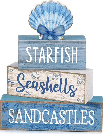 Moucuny 4 Pcs Nautical Beach Decor Shell Tiered Tray Decoration Blue Bow Table by Moucuny