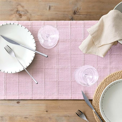Linen Checked Farmhouse Table Runner, 13x108 Inches Pink | Raised Grid Design - Image 7