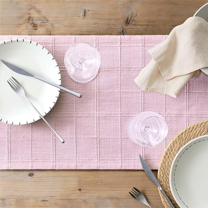 Linen Checked Farmhouse Table Runner, 13x60 Inches Pink | Raised Grid Design - Image 7