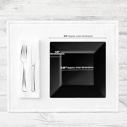 Smarty Had A Party 120 Elegant Disposable Plastic Dessert Plates, 6.5" Heavy Duty Fancy Square Black Salad Plates for Appetizers, Cakes, and Events, Bulk Party Supplies