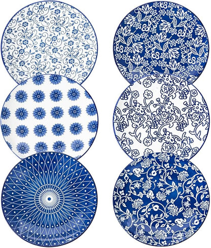 Ceramic Salad Plates Set - 8.5 Inch Small Round Dessert Dishes for Kitchen Dinner Pasta Appetizer Sandwich - Scratch Resistant Porcelain Microwave Oven Dishwasher Safe - Set of 6 - Vintage Blue