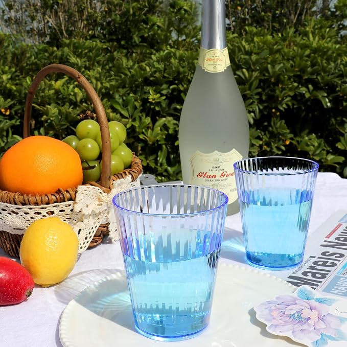 48 PCS Plastic Ribbed Drinking Glasses 10oz Blue Vintage Ripple Stemless Wine - Image 4