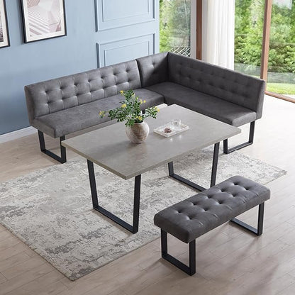 3 Piece Dining Table Set with Bench, 42.9 Inch Modern Kitchen Table with Left Seat Corner and 43.3 Inch Bench for Family Dining Room Furniture