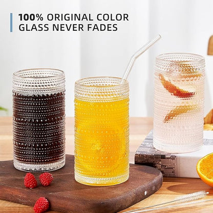 16oz Hobnail Drinking Glasses Set of 6, Vintage Large Capacity Embossed Clear Tumblers, Highball Glasses for Water, Cocktail, Beer, Whiskey, Juice & Bar Use