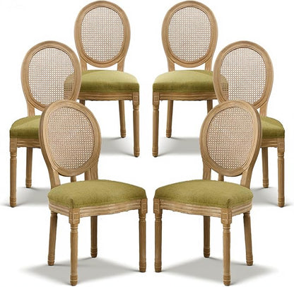 SoarFlash French Dining Chairs Set of 6, Vantage Dining Chair with Round Back, Wood Leg Farmhouse Country Rattan Dining Chair for Kitchen,Bedroom,Olive Green