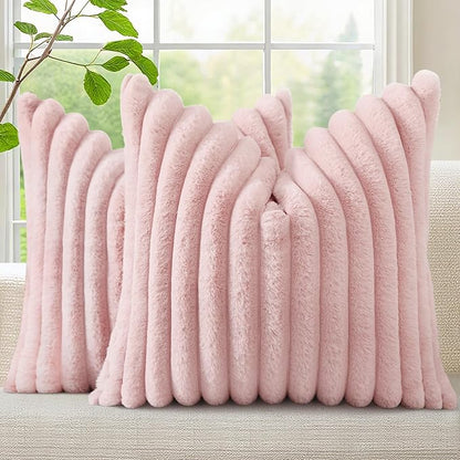decorUhome Cozy Faux Fur Throw Pillow Covers 26x26 Set of 2 Decorative Soft Plush Striped Modern Farmhouse Boho Couch Euro Sham Pillow Cases with Velvet Back for Sofa Bed Living Room Valentines, Pink