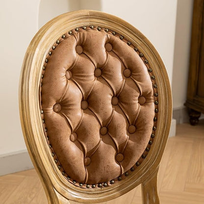 Ball & Cast French Vintage Upholstered Dining Chairs Set of 2, Button Tufted Kitchen Side-Chairs with Carved Antique Wood Frame & Nailhead Trims, PU-Leather Curved Backrest Louis Chair, PU Orange