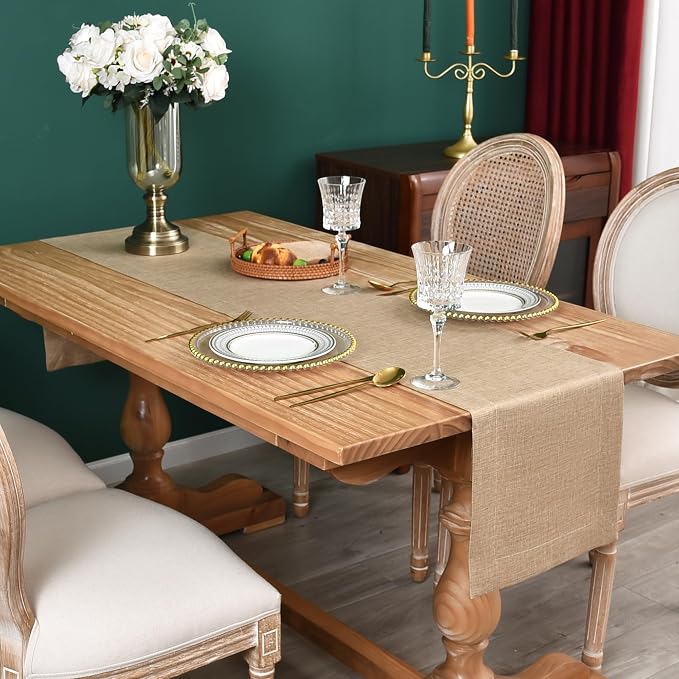 NEWISHER Farmhouse Rustic Faux Linen Solid Flaxen Table Runner 13x48inch | - Image 2