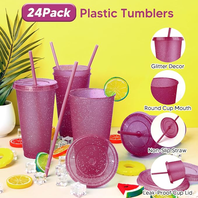 24 Pack Plastic Tumblers with Lids and Straws, Reusable Colorful Cups - Image 3