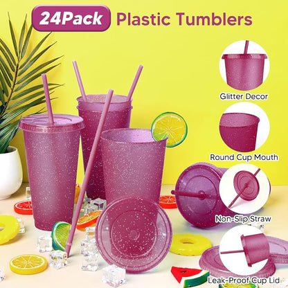 24 Pack Plastic Tumblers with Lids and Straws, Reusable Colorful Cups - Image 3