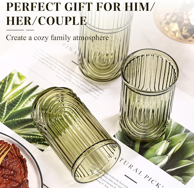 Green Vintage Drinking Glasses Set of 6-17oz Hand-Blown Highball Ribbed - Image 6