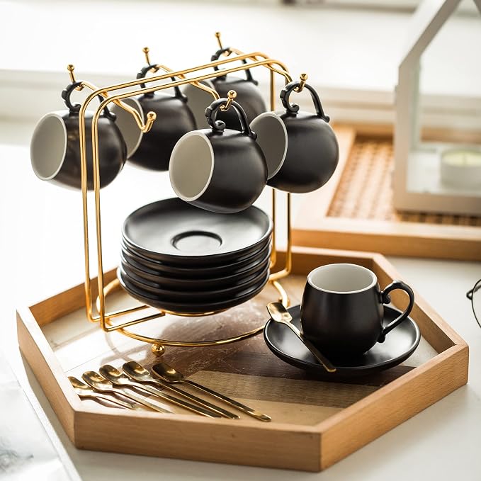LYEOBOH Espresso Cups and Saucers Set, Ceramic Coffee Cup 3 Ounces Small - Image 4