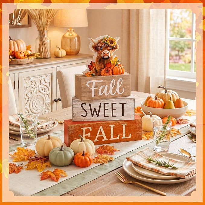 Moucuny 4 Pcs Fall Decoration for Highland Cow Home Fall Table Decor Wooden - Image 3