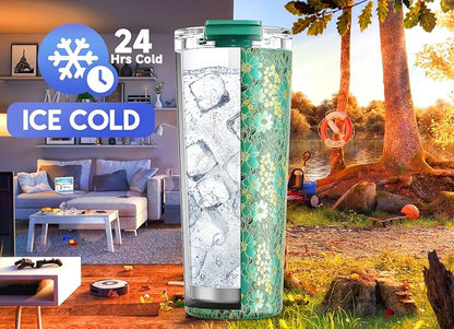 Meoky 24 oz Insulated Travel Coffee Mug: Leak Proof Lid, Emerald Bloom | - Image 4