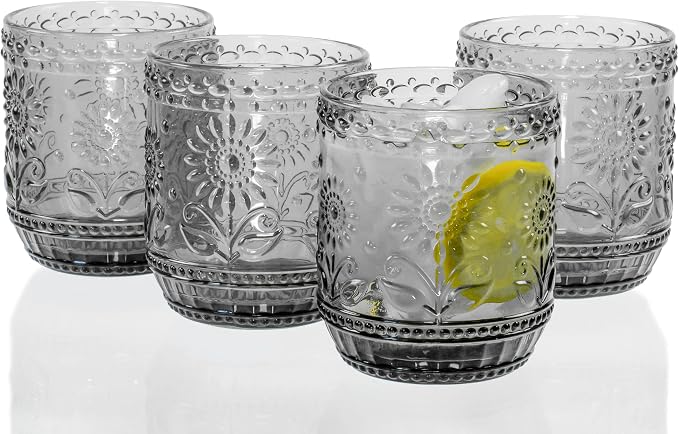 Red Co. Vintage Botanist Drinking Glass Set, Luxurious Floral Embossed by RedCo