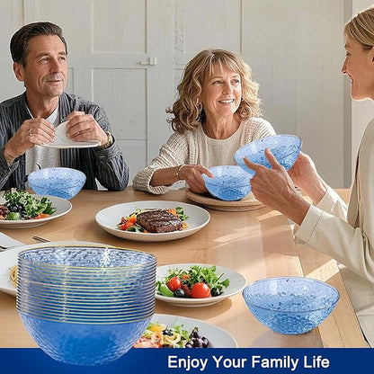 Rubtlamp 50 Pack Clear Blue Disposable Bowls, Clear Plastic Bowls with Gold Rim, 12-16oz Premium Heavy Duty Plastic Dinner Bowls for Party, Wedding and Holiday