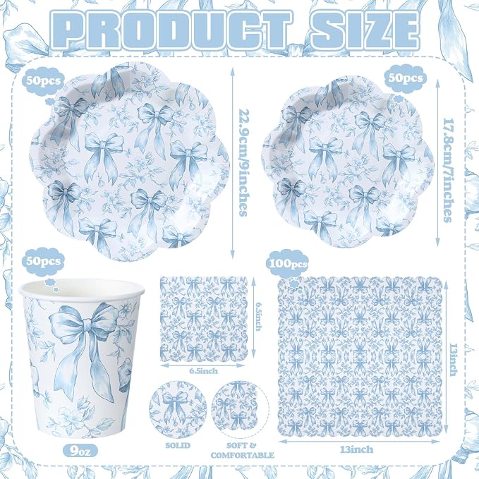 250 Pcs Blue Floral Disposable Paper Plates and Napkins | Bow Coquette - Image 4