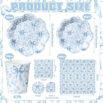 250 Pcs Blue Floral Disposable Paper Plates and Napkins | Bow Coquette - Image 4