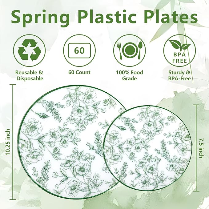 60PCS Green Floral Plastic Plates - Image 2