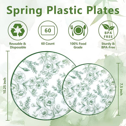 60PCS Green Floral Plastic Plates - Image 2