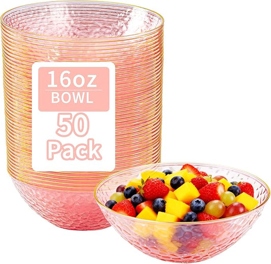 Tinybee 50 Pack Pink Plastic Bowls - Pink Disposable Bowls for Party with Gold Rim, 16-20oz Premium Hammered Bowls Disposable Heavy Duty, Plastic Salad Bowls for Milk Cereals, Snacks, Salads