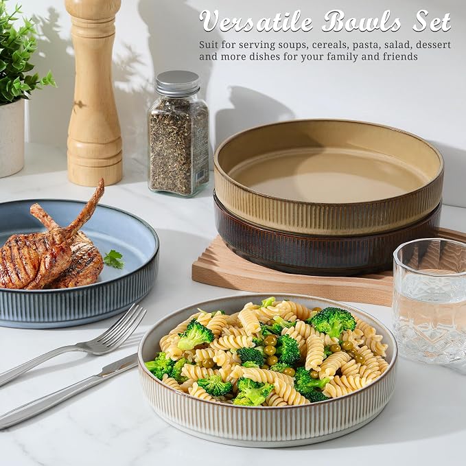 E-far Pasta Bowls Set of 4, 35oz Large Salad Bowl Plate - Image 4