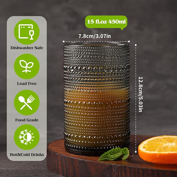 Moretoes 12 Pack 15 Oz Gray Large Hobnail Drinking Glasses Set | Vintage - Image 3