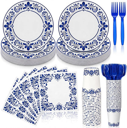 96 Pcs Cielito Lindo Party Supplies De Barro Mexican Talavera Blue Party Plates by Domensi