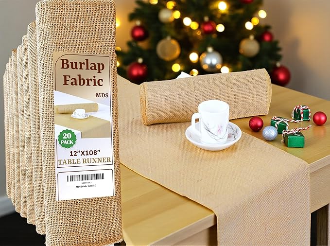 MDS® Pack of 20 Natural Burlap Table Runner, 12 x 108 Inch, Jute Vintage Rustic by MDS