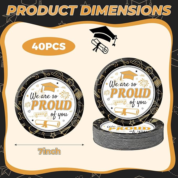 2026 Graduation Plates 7 Inch 40Pcs Black and Gold Disposable Paper Plates - Image 6