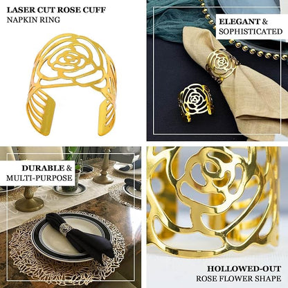 Efavormart 4 Pack | Shiny Gold Laser Cut Rose Metal Cuff Napkin Rings, - Image 4