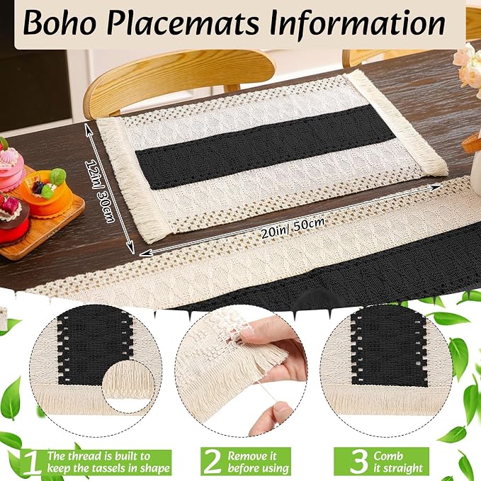 6 Sets Boho Decoration Placemats Round Woven Placemats, Cloth Napkins, Wood - Image 3