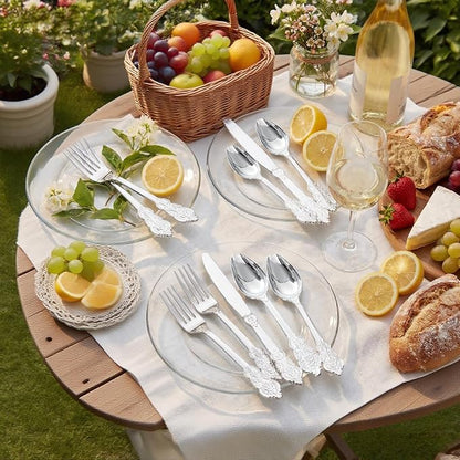 Silver Plastic Silverware Set Heavy Duty Vintage 120Guests Wedding | Embossed - Image 3