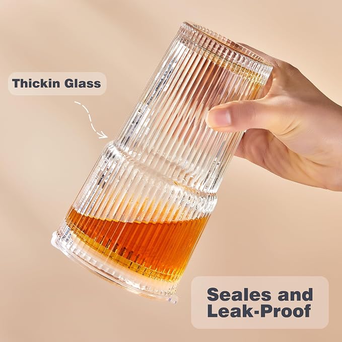 Wells 20oz Glass Cups with Lids and Straws, Ribbed Iced Coffee Cups, Thickened - Image 7