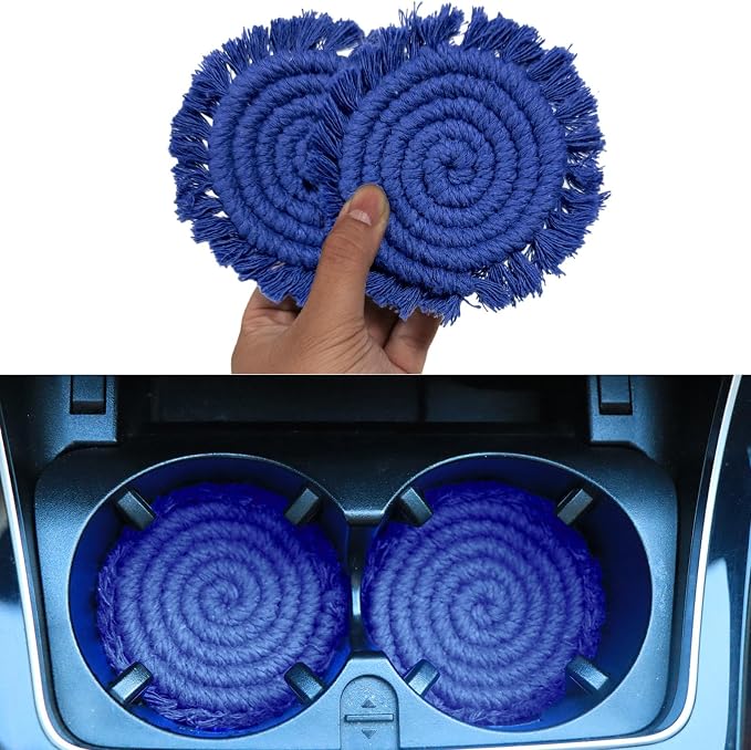 Coomin Car Coasters for Cup Holders, 3.8in 2p Light Blue | Absorbent Macrame by COOMIN