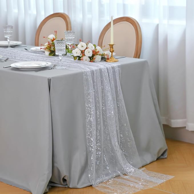 Snowkingdom 6 Pcs 10 FT Silver White Cheesecloth Table Runner Sheer Chiffon - Image 4