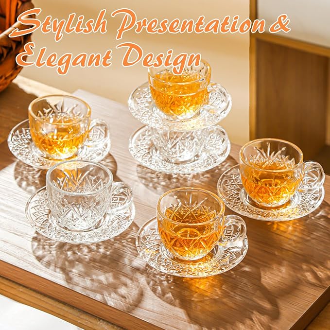 Atarvana 6 Pack Glass Tea Cups and Saucers Set - Image 4