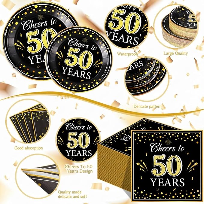 Pickmesh 250 Pcs 50th Birthday Party Supplies Decorations Serve 50 Black Gold - Image 3