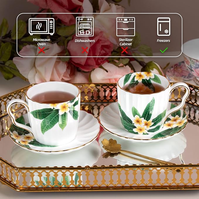 KAMMAK Tea Cups and Saucers Set of 2, Porcelain Coffee Cups, JBE012 | Stackable - Image 3