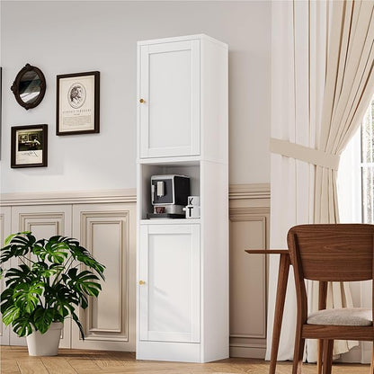 2-Door Metal Storage Cabinet, Tall Slim Pantry Organizer with 3 Adjustable Shelves (120LBS/Shelf), Anti-Tipping Waterproof Cabinet for Bathroom/Kitchen/Home Office/Small Spaces, (1PC,White)