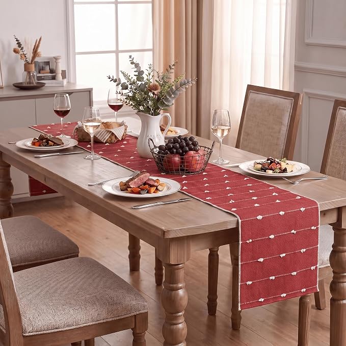 Artoid Mode Red Farbic Rustic Cotton Woven Table Runner, Farmhouse Christmas - Image 8