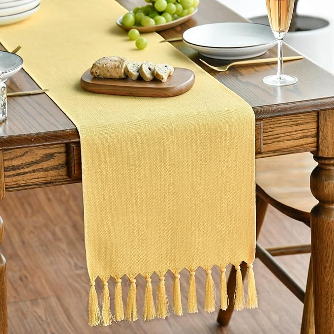 Artoid Mode Yellow Tassel Table Runner, Summer Linen Blend Rustic Farmhouse by ArtoidMode