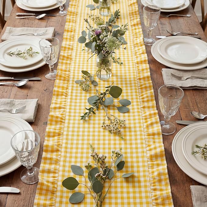 HunnmingRe 1 Pc Gingham Table Runner Yellow, 118 X 13.8 Inch | Cotton Dresser - Image 7
