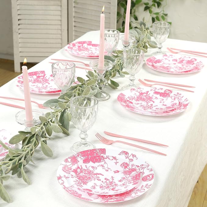 Efavormart 10-Pack French Toile Plastic Dinner Plates – Pink & White Floral - Image 2