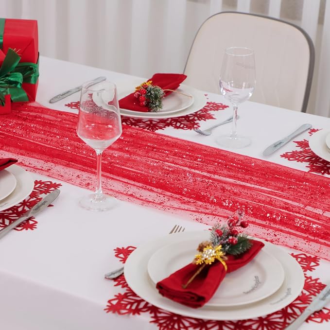 Snowkingdom 6 Pcs Red Glitter Table Runner 10 FT, Sheer Chiffon Sparkle Gauze - Image 4