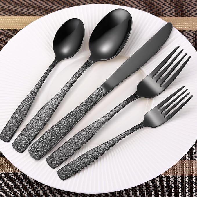 Skull Embossed Silverware Set for 8, OIULO 40-Piece Black Flatware set - Image 7