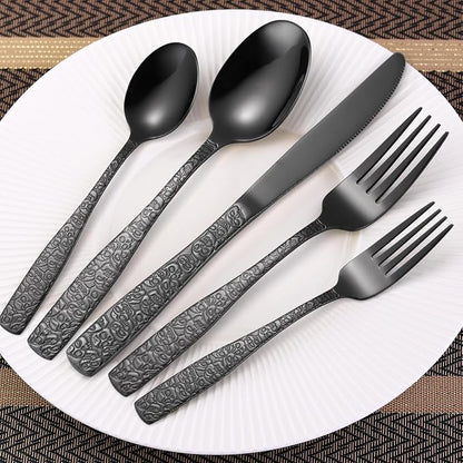 Skull Embossed Silverware Set for 8, OIULO 40-Piece Black Flatware set - Image 7