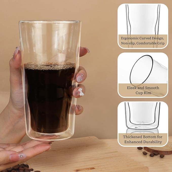 Joeyan Double Wall Glass, 15.2oz Wave Insulated Glass Tumblers Clear Coffee Cups - Image 4