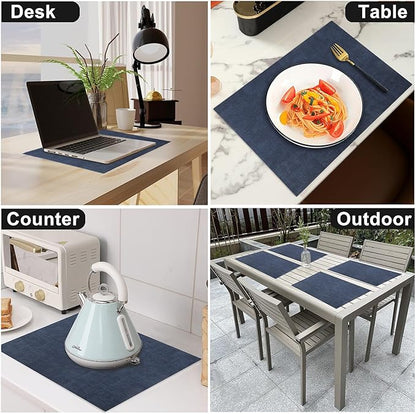 Leather Heat Resistant Placemats Set of 6 Waterproof Wipeable Washable PU Table Mats,Easy to Clean Anti-Slip Place Mats (Navy Blue, 6)